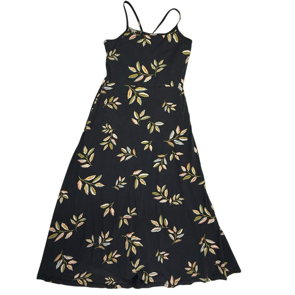 Pact Black Midi Dress with Green and Cream Leaf Print